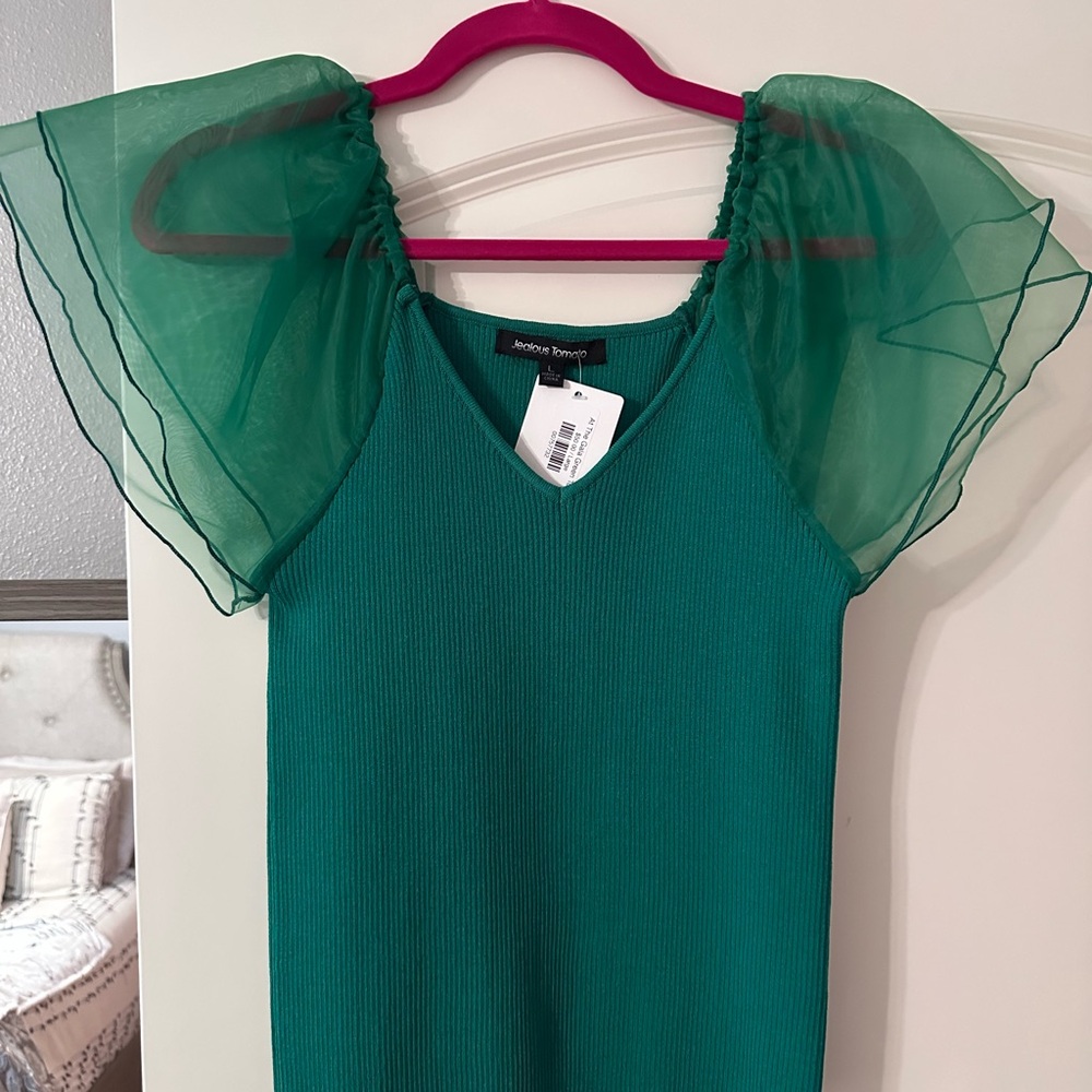 Green Top with Sheer Flutter Sleeves